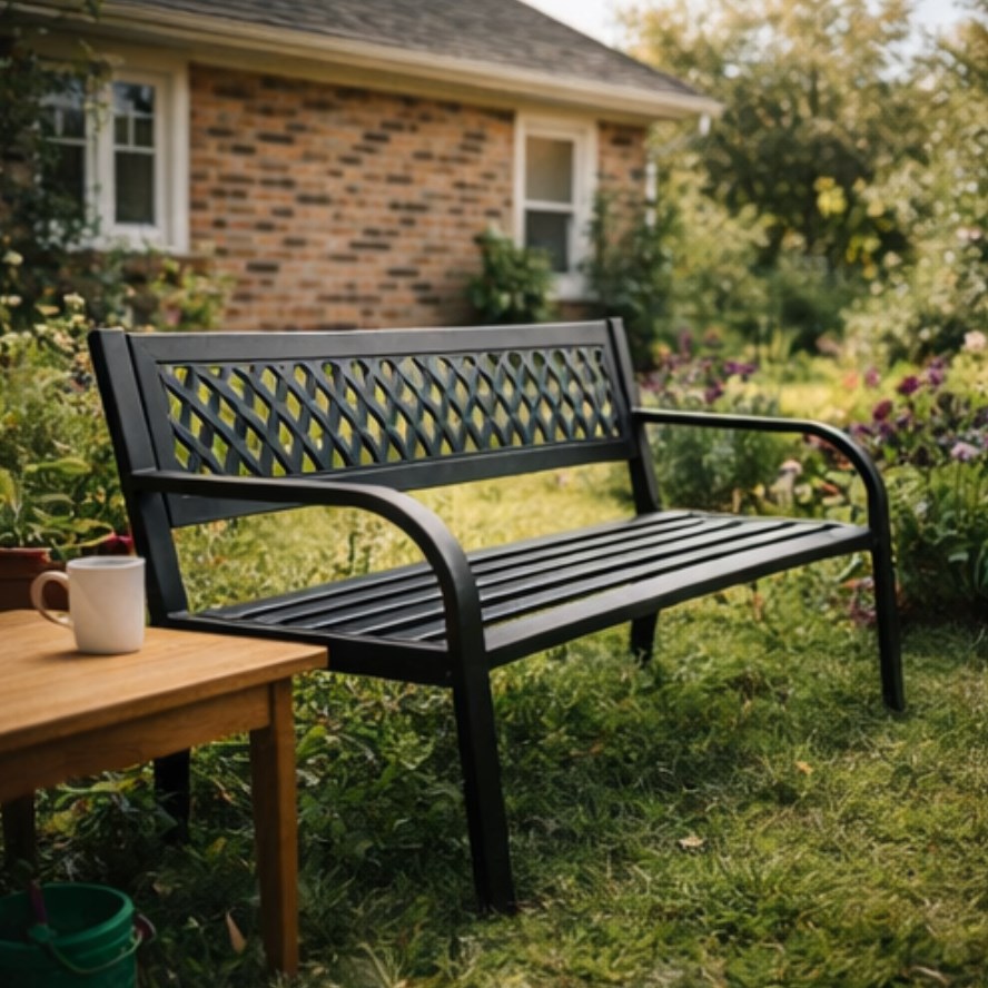 Ławka ogrodowa RODOS 3 metalowa czarna z oparciem – nowoczesna ławka do ogrodu i na taras